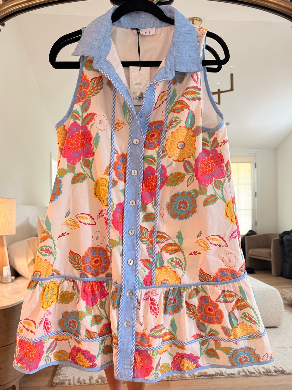 Girls Floral Button-Front Sundress with Chambray Trim